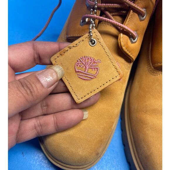 TIMBERLAND Women's sz 10 M Boots Shoes Tan Leather with Pink Lined Fold Over - Picture 7 of 10